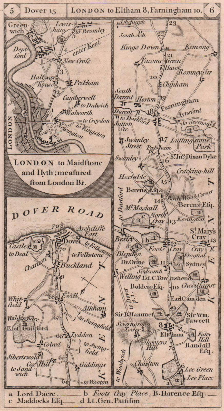 Dover. London - Greenwich road strip map PATERSON 1803 old antique chart